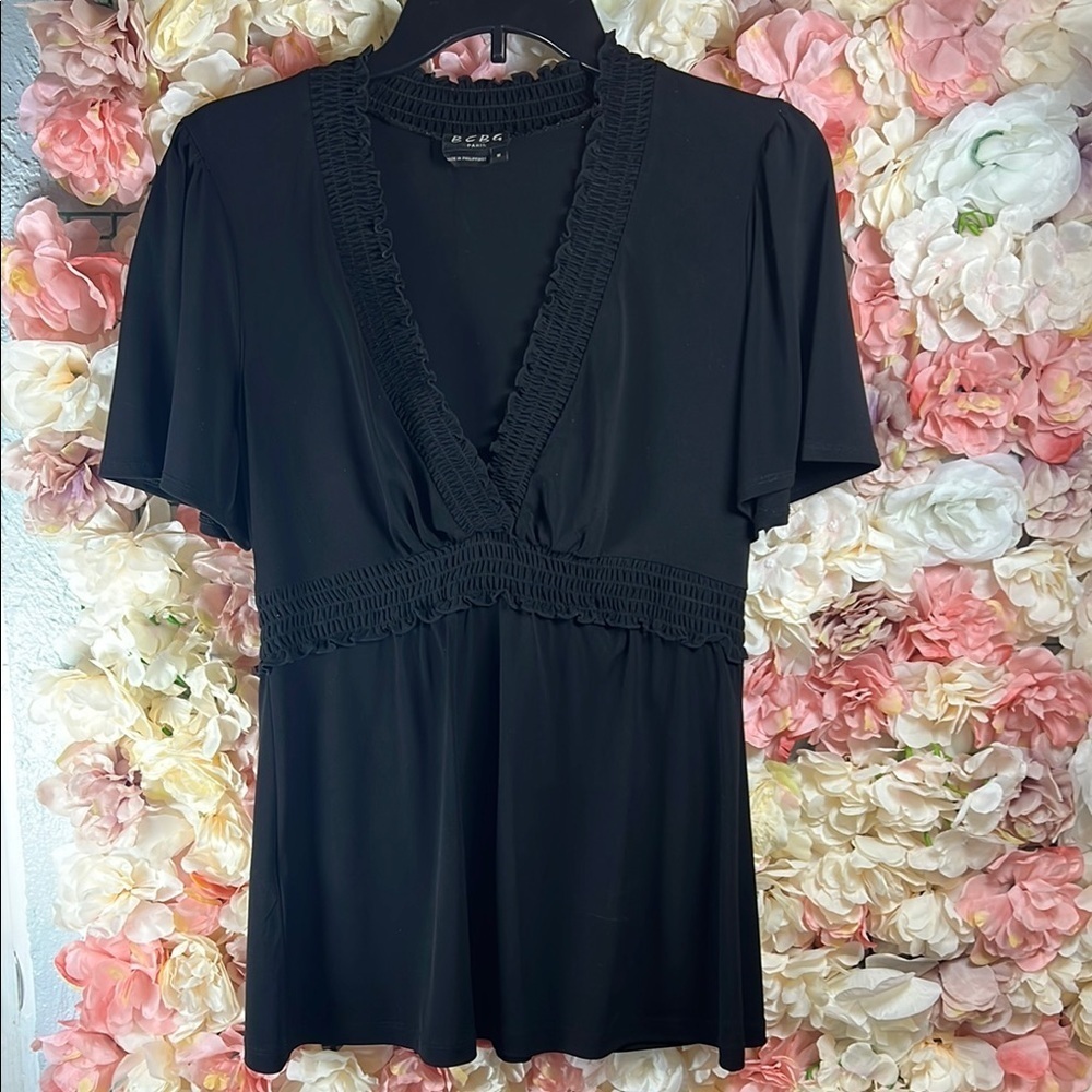 A047 BCBG Black Ruffle-Trim Top